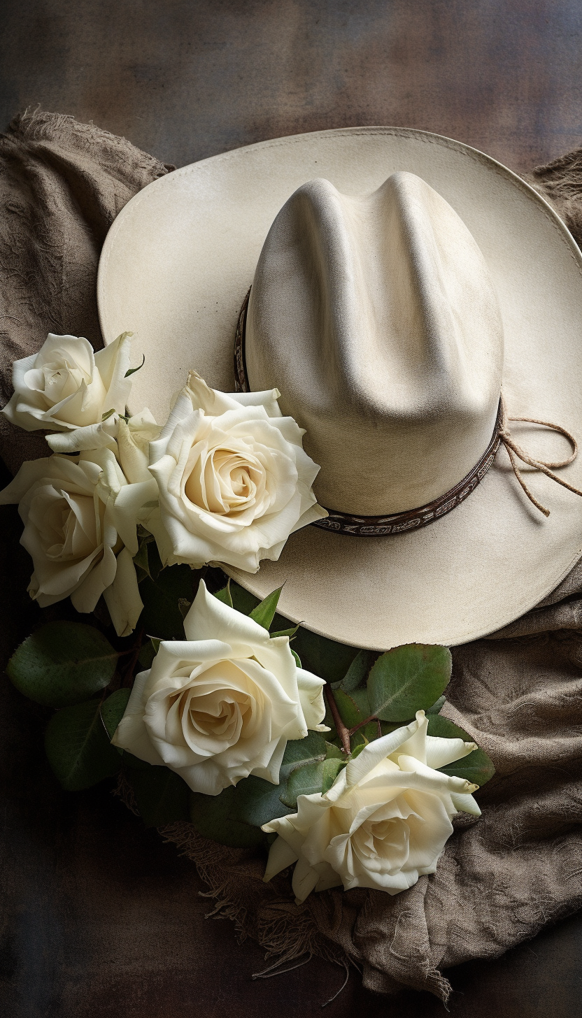 Image of a Cowboy Hat, Rope, Wilted Flowers, Gun