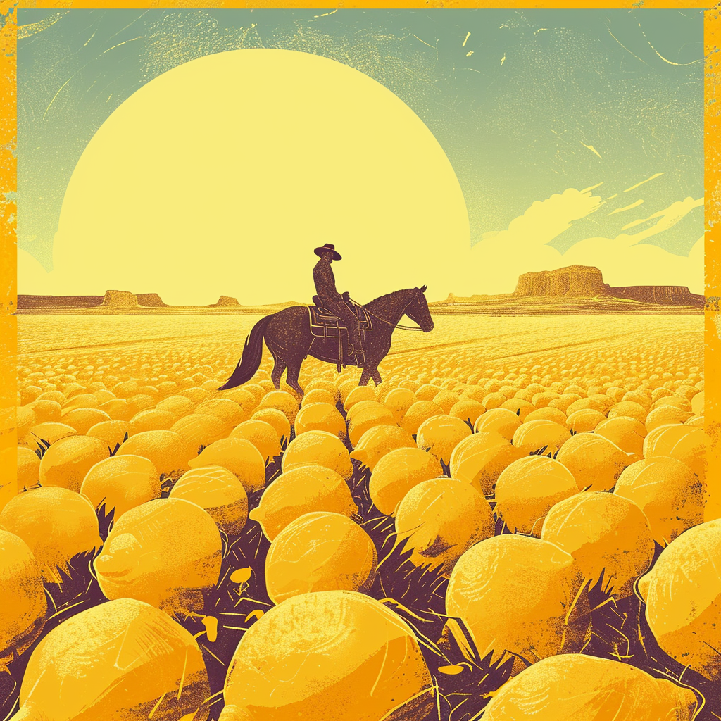 Cowboy riding horse herding lemons