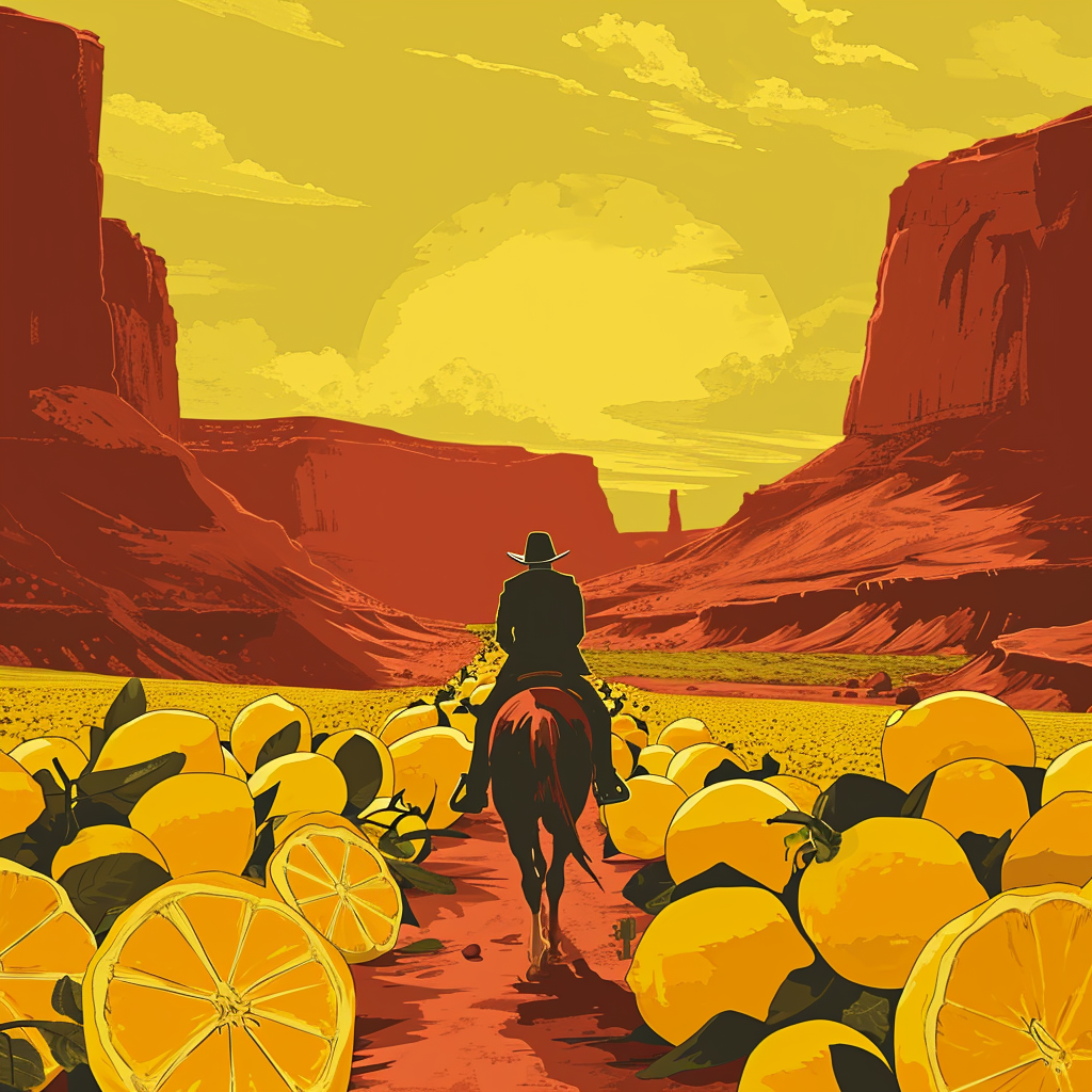 Cowboy riding horse herding lemons