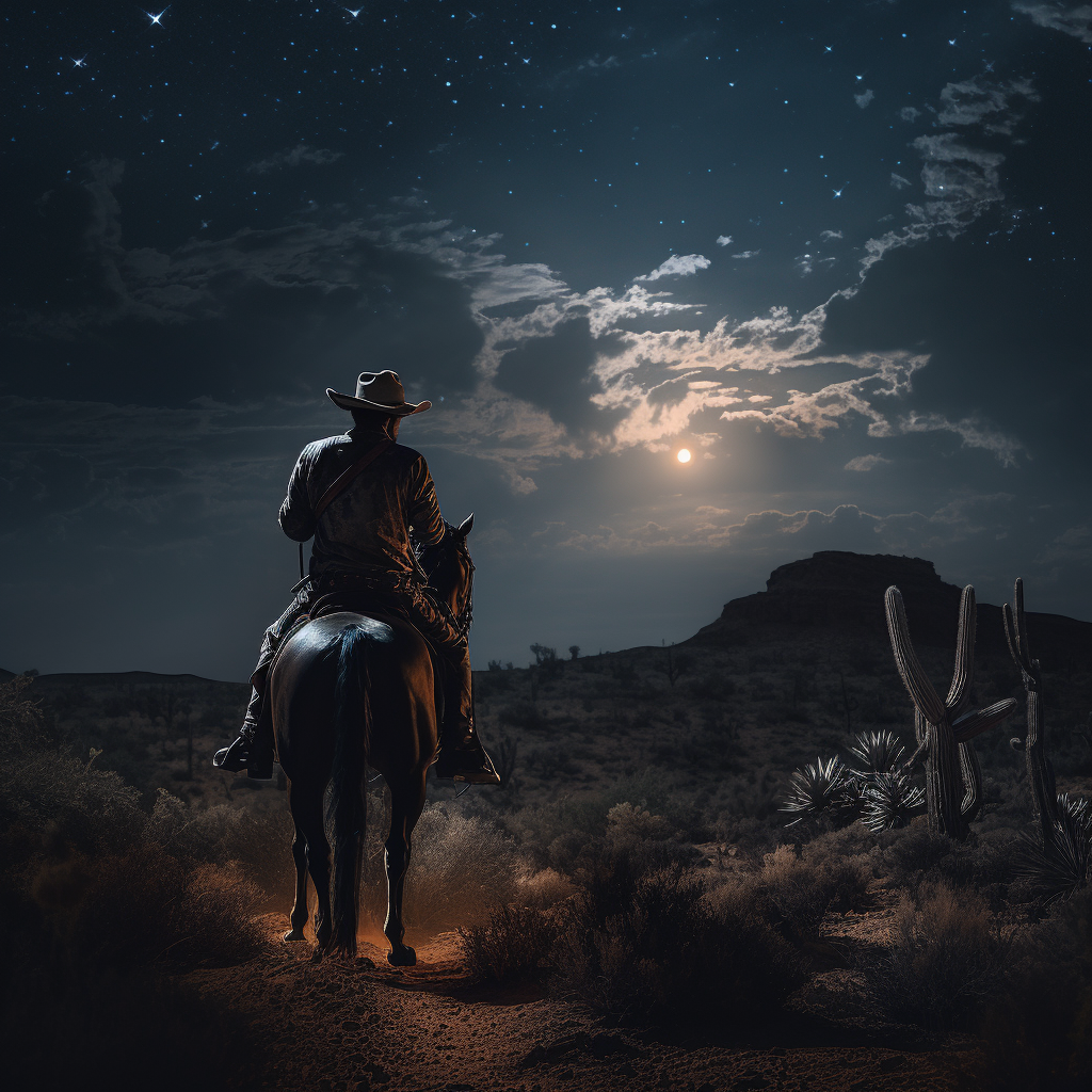 Cowboy on horse looking into the night