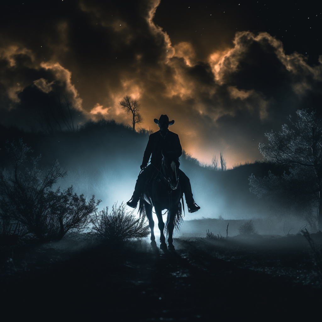 Mysterious cowboy on horse at night