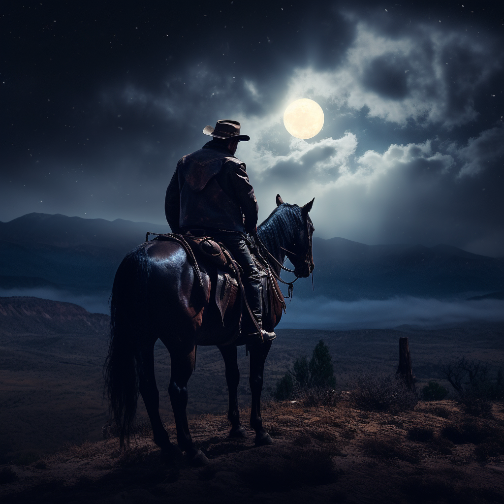 Silhouetted Cowboy on Horse in Moonlit Night