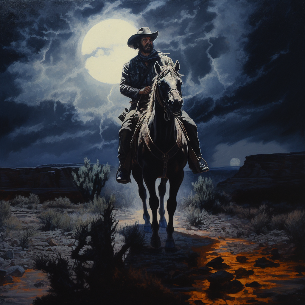 Cowboy riding horse at night