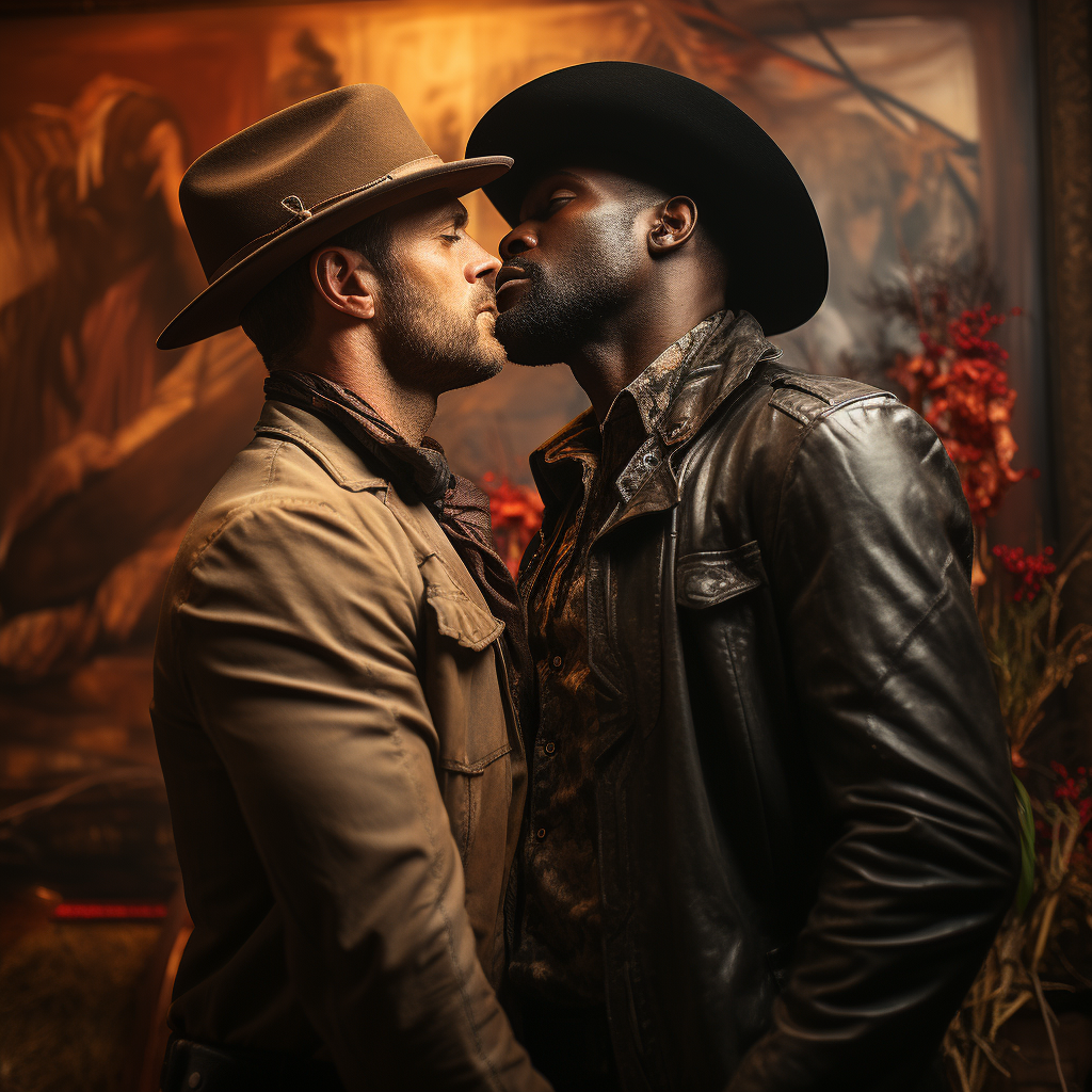 Two cowboy men kissing passionately