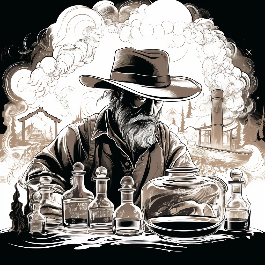 rugged cowboy overseeing distillation process whiskey vapors