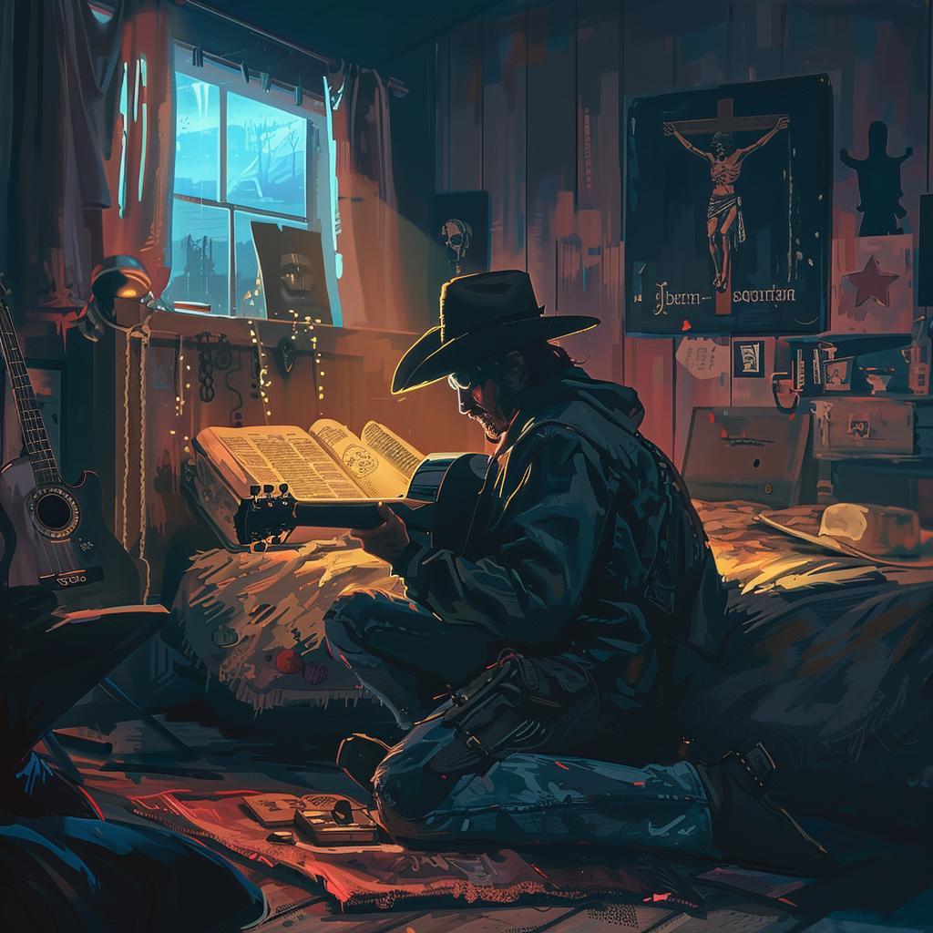 Cowboy playing guitar bed bible