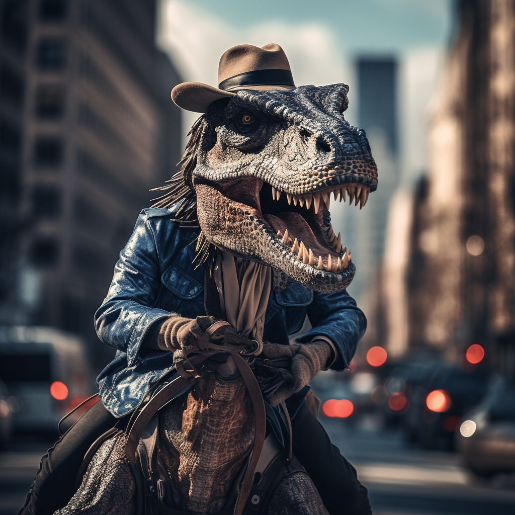 Cowboy riding dinosaur in Chicago street