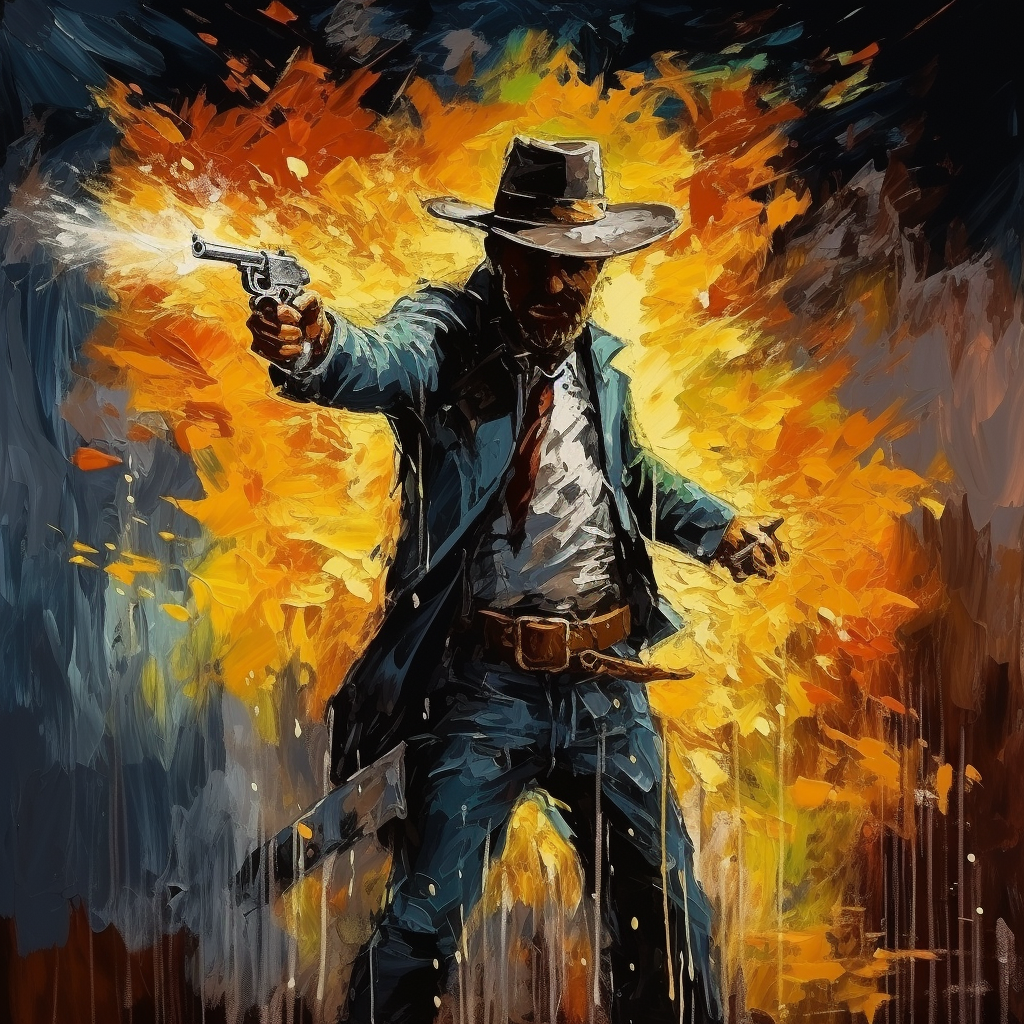 Cowboy shooting smoking gun in crack painting style