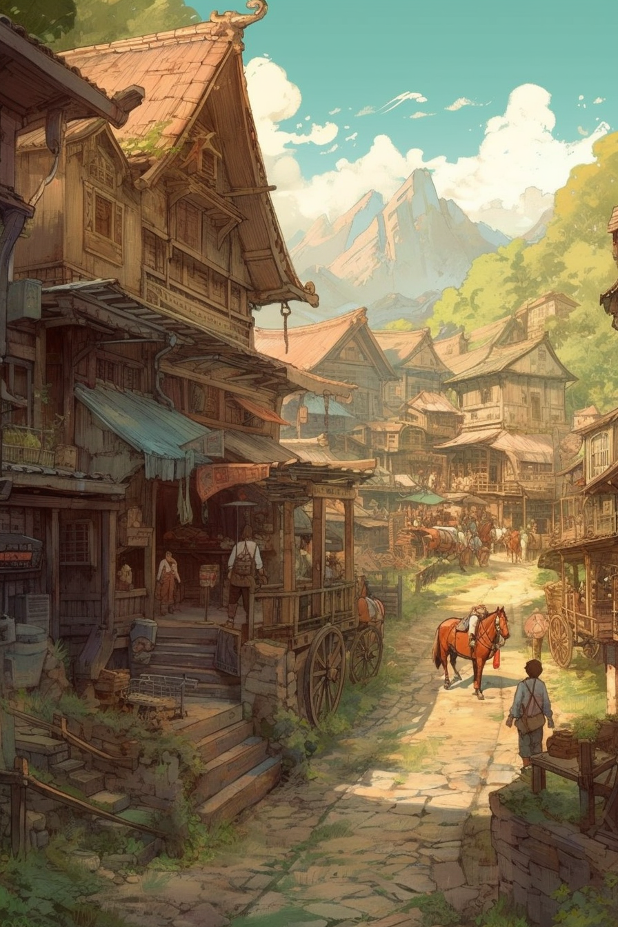 Anime cowboy town with horses