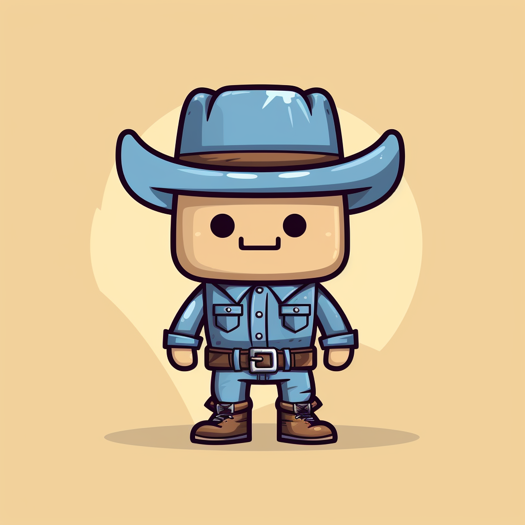 Cartoon cowboy in denim pants, flannel shirt, and hat