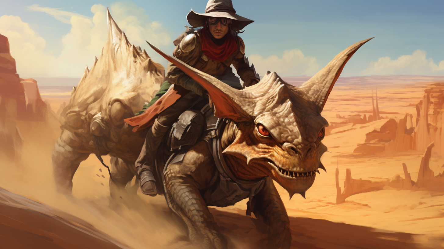 Cowboy riding giant jerboa in desert