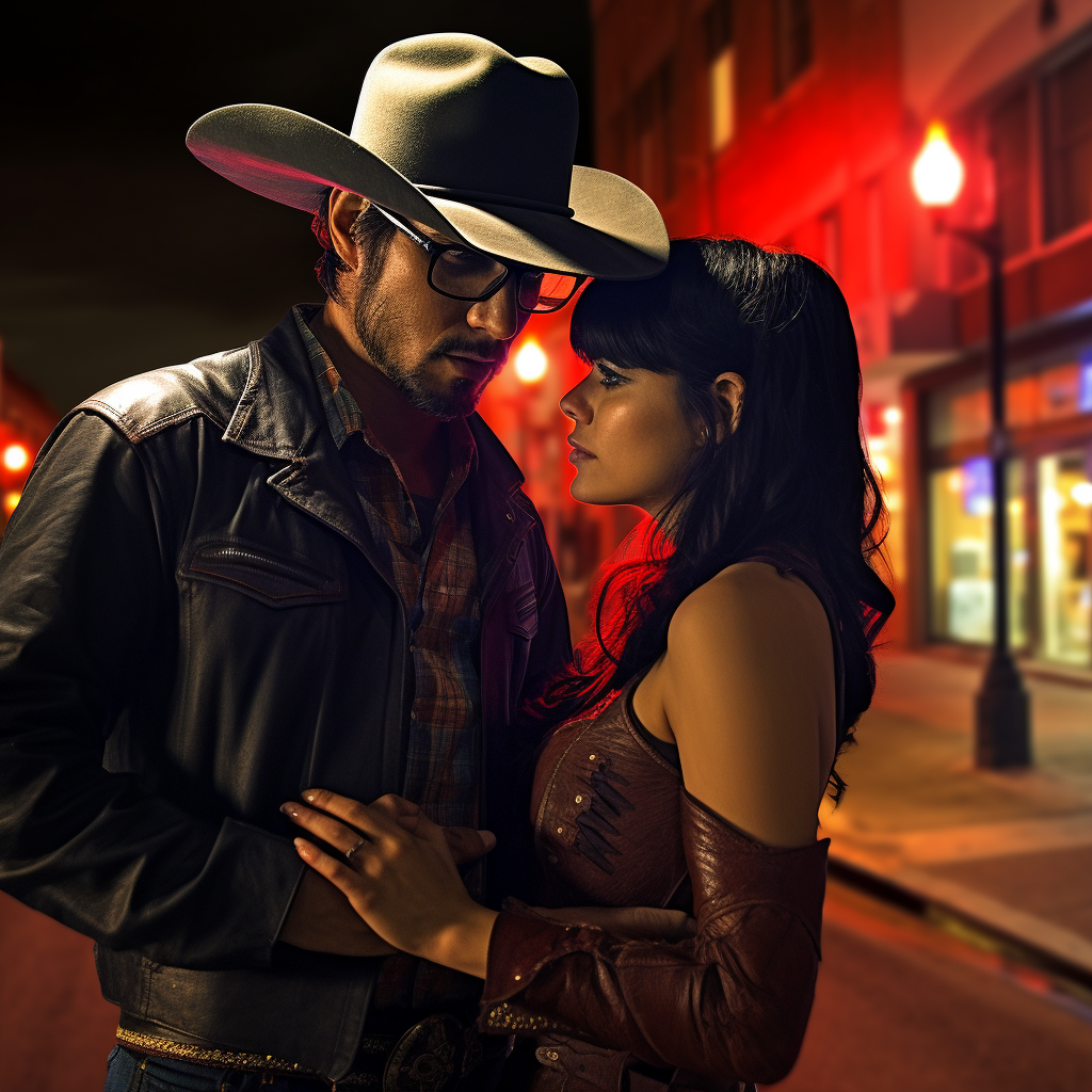 Cowboy with glasses holding woman with devil horns at night