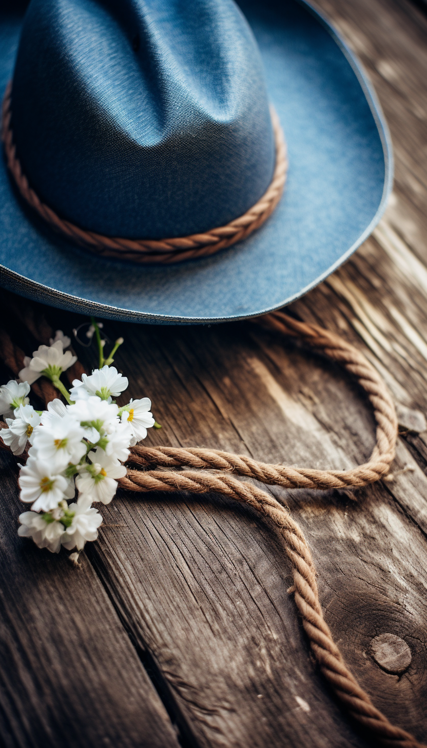 Cowboy hat, rope, wilted flowers, and gun