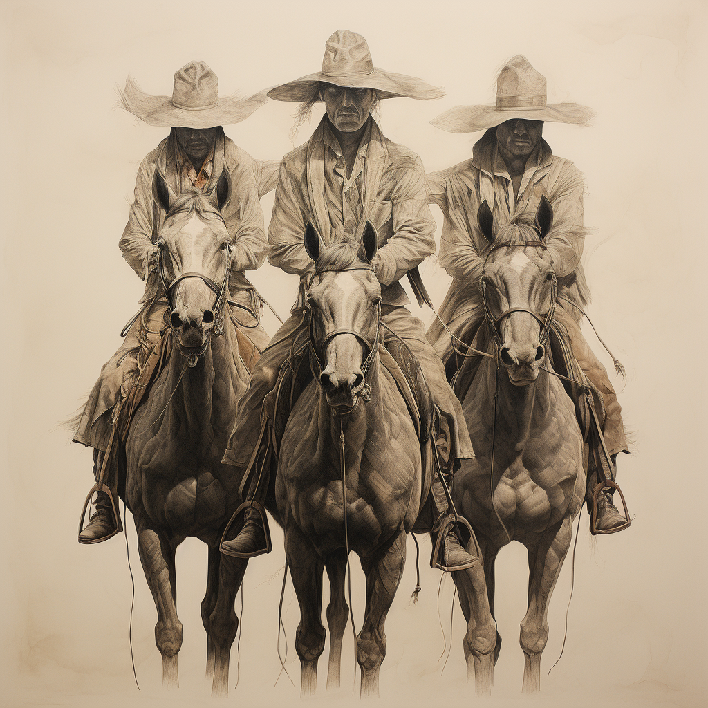 Three cowboys riding a horse