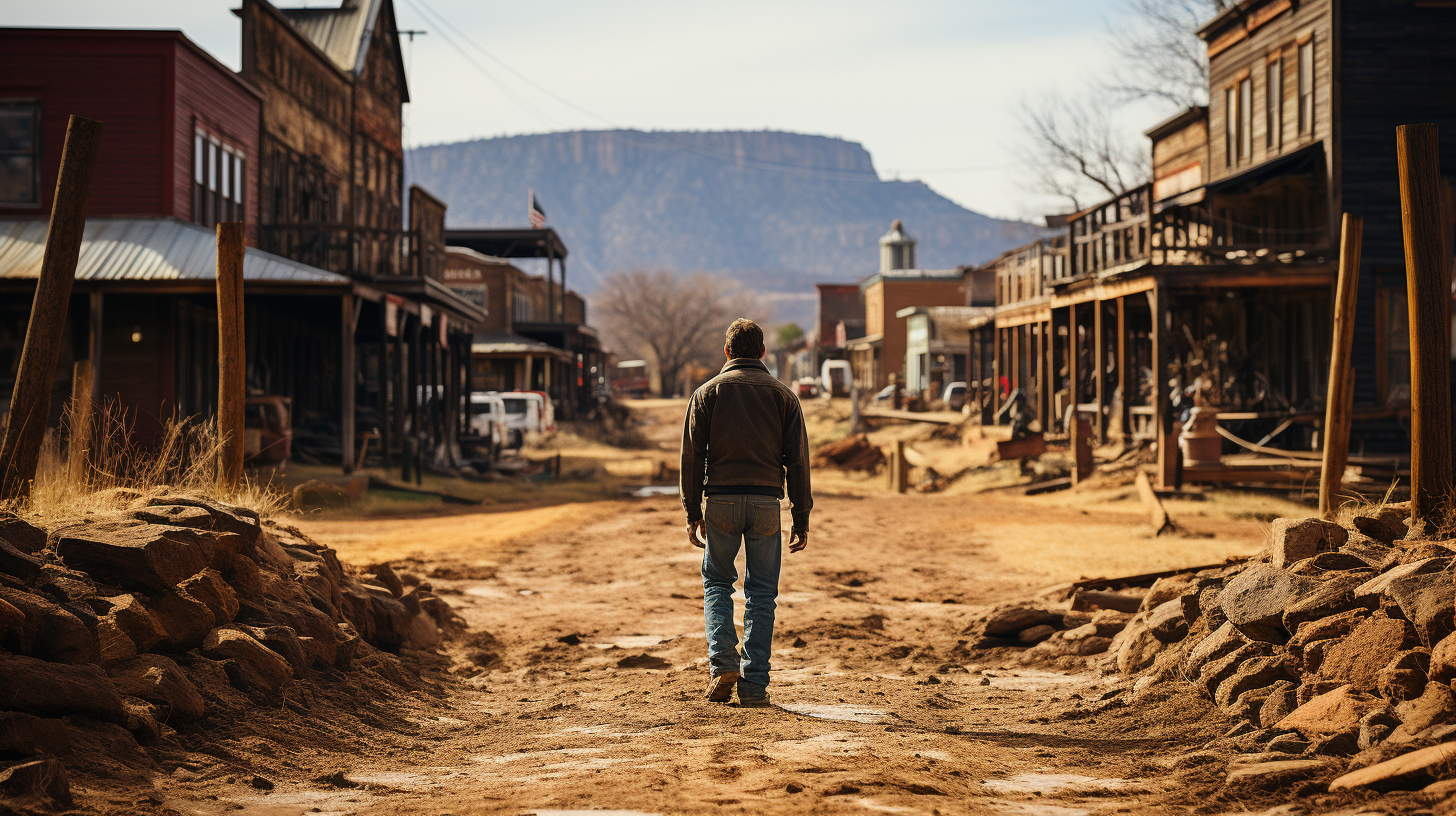 Ground-level view of cowboy in boots and jeans with holstered gun