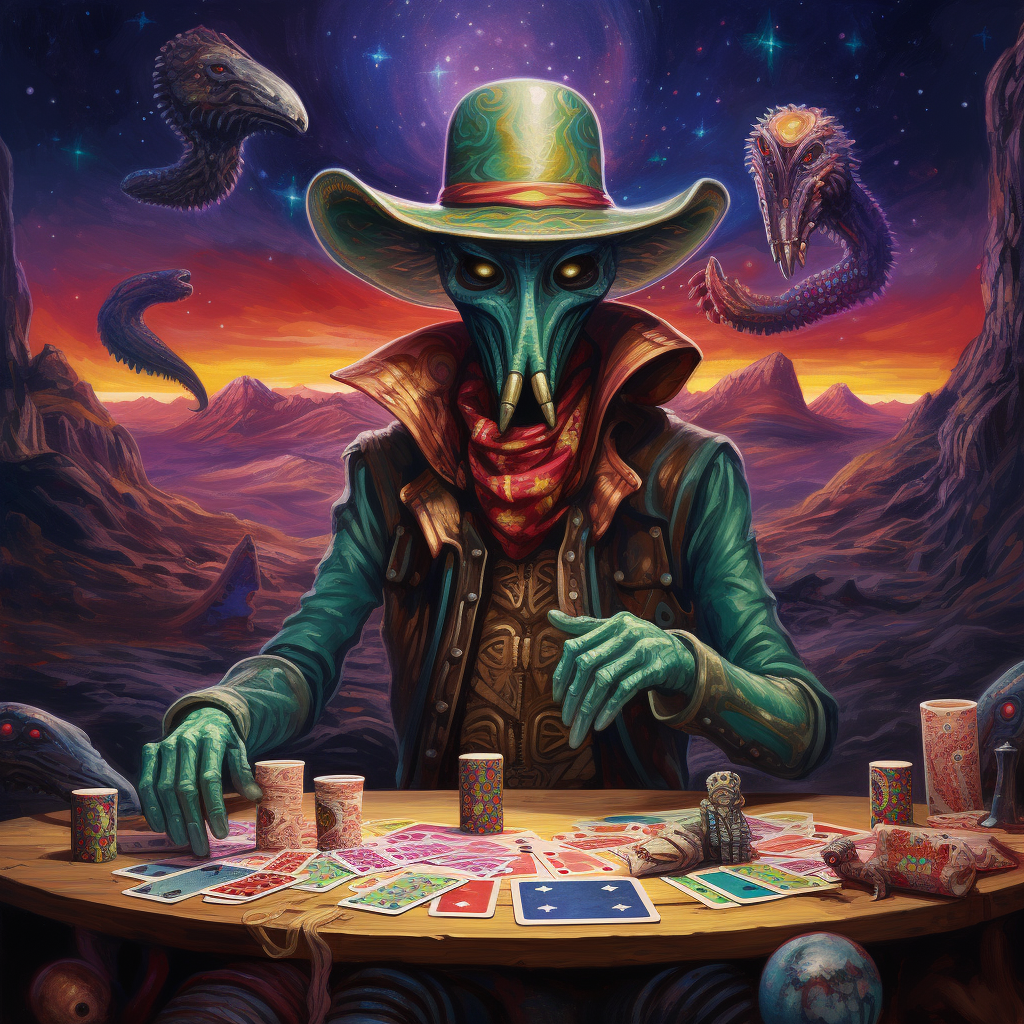 Cowboys playing poker with aliens