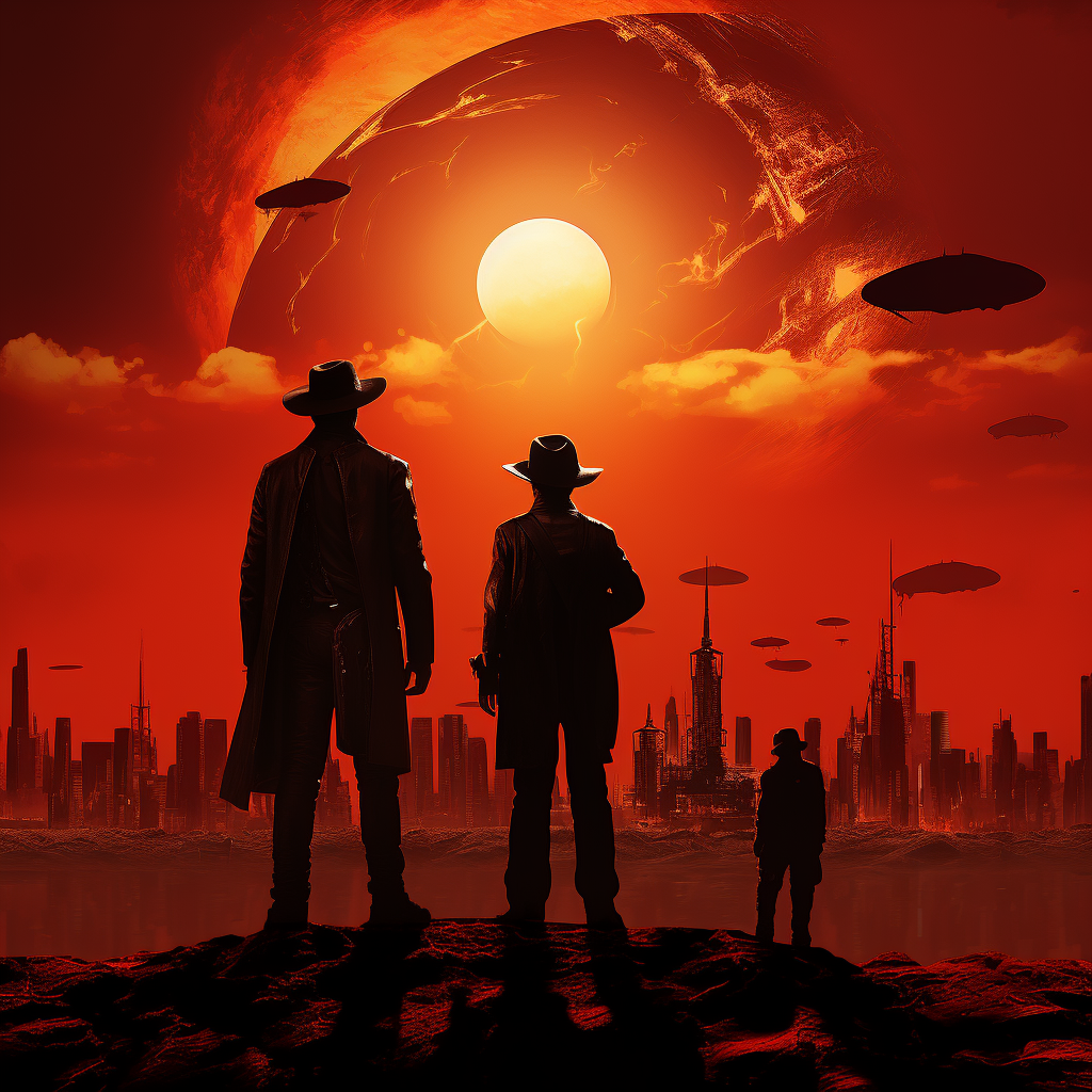 Two adults and one child in cowboy clothes against a giant red sun with a destroyed modern city in the background