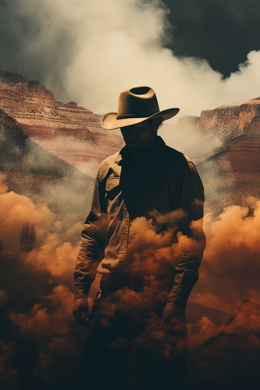 Stunning double exposure of cowboy in valley