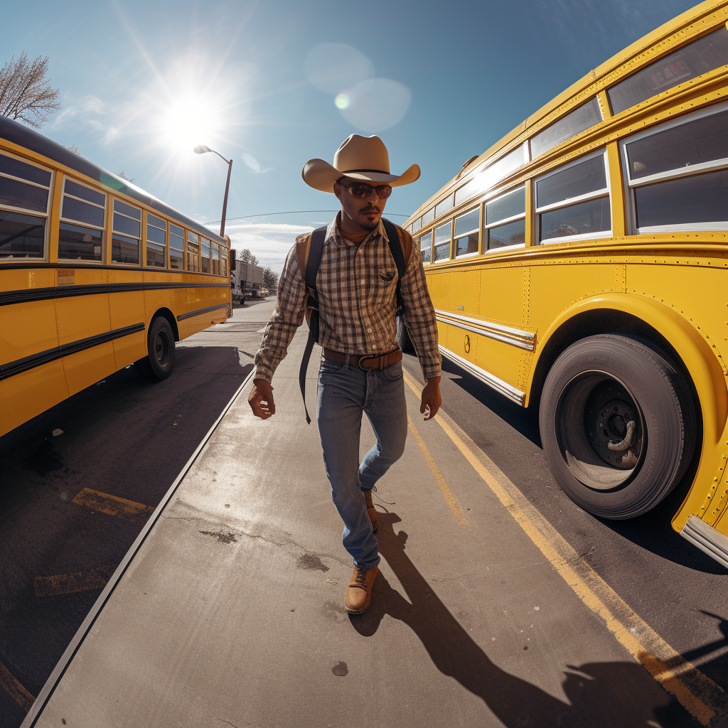 Cowboy stepping off yellow school bus