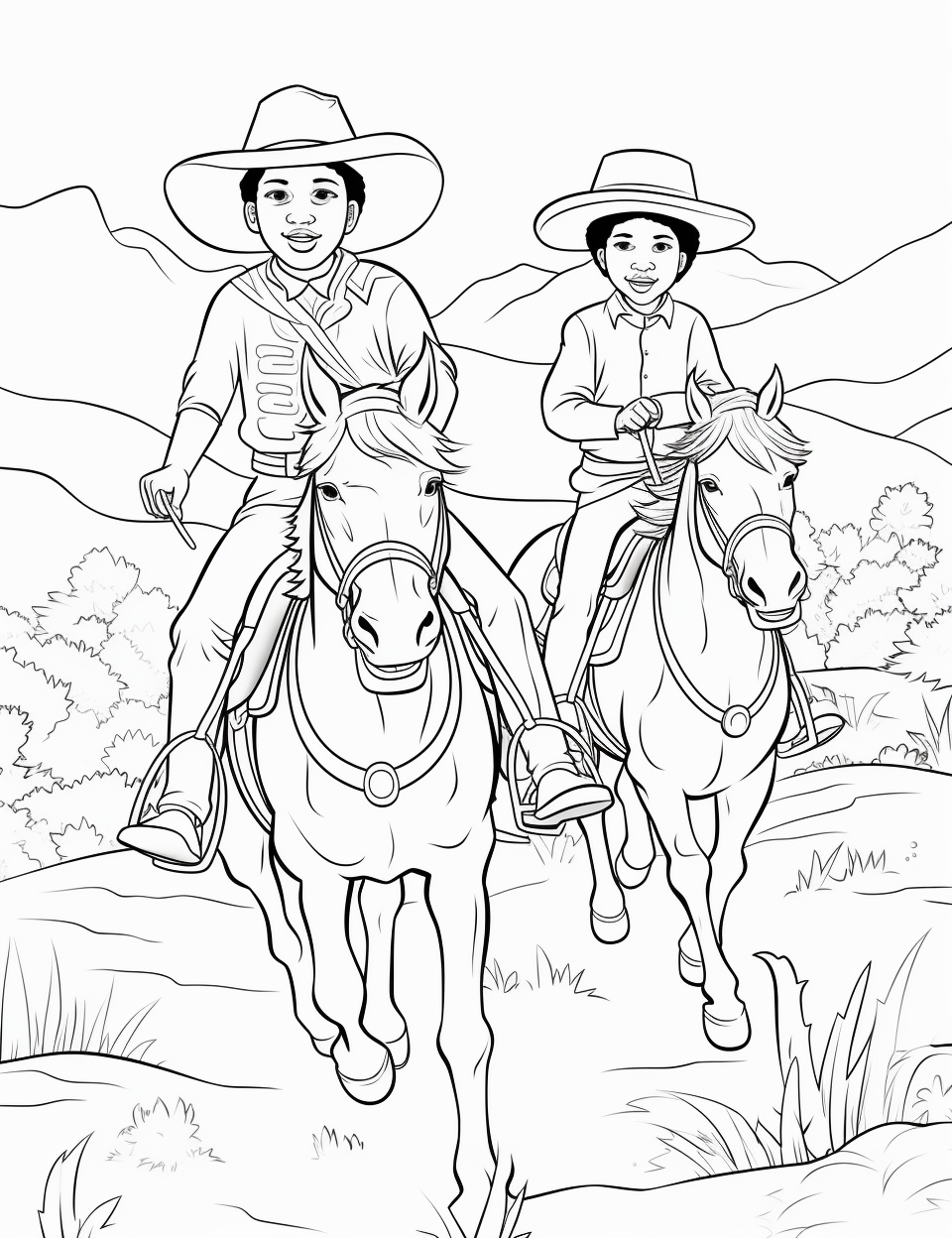 Cowboys and Indians Riding in Black and White