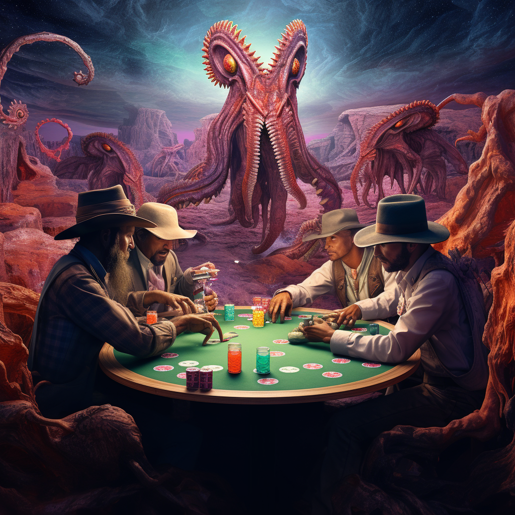 Cowboys playing poker on alien planet