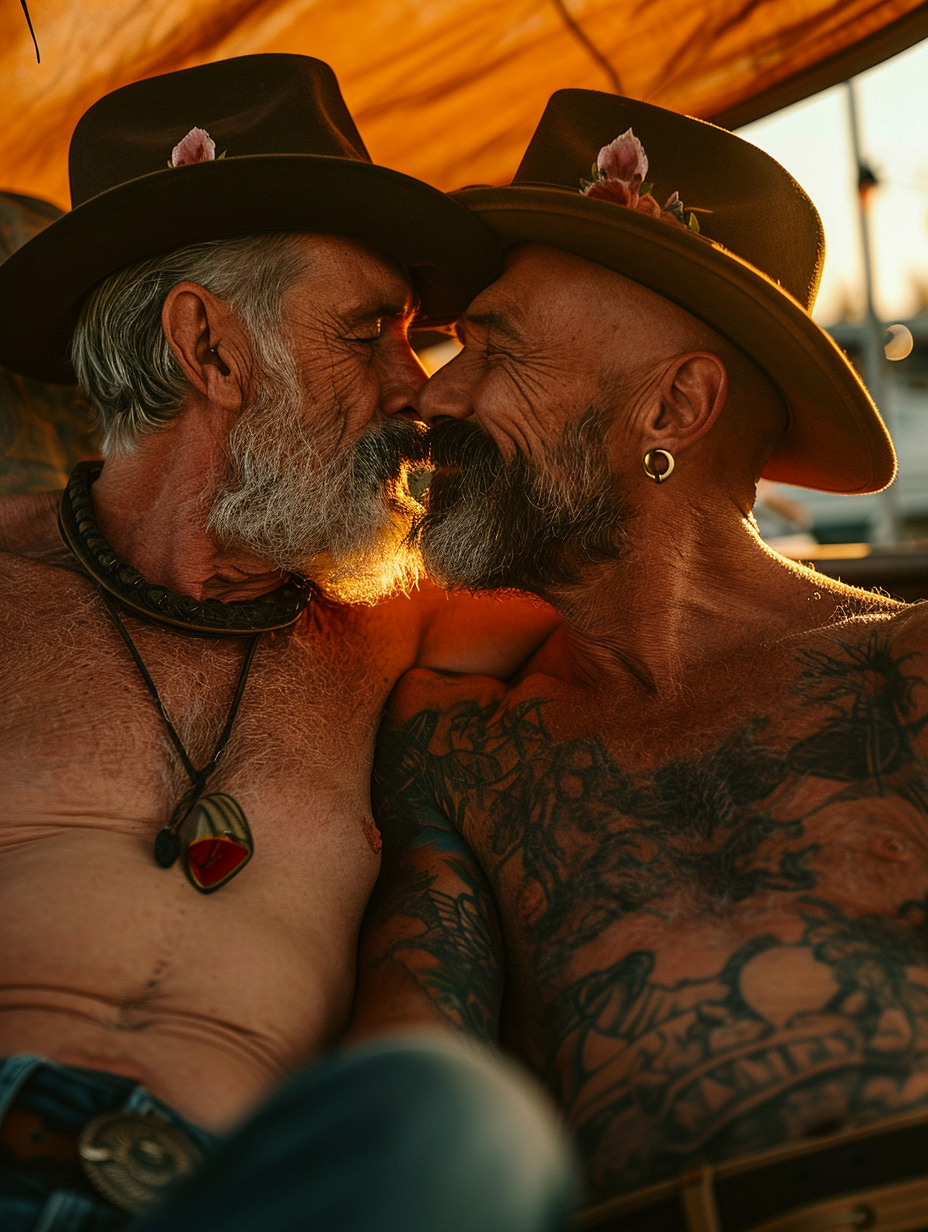 Muscular cowboys kissing passionately by cafe lights