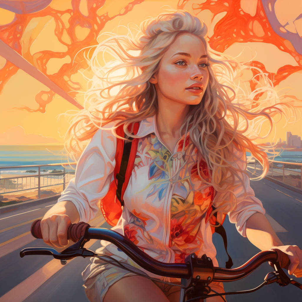 Teenage cowgirl riding bike at sunset