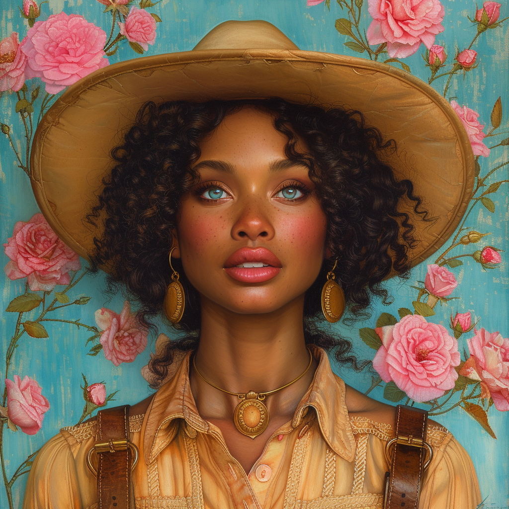 Cowgirl Thomas Blackshear Style Oil Painting Pink Roses Teal Background