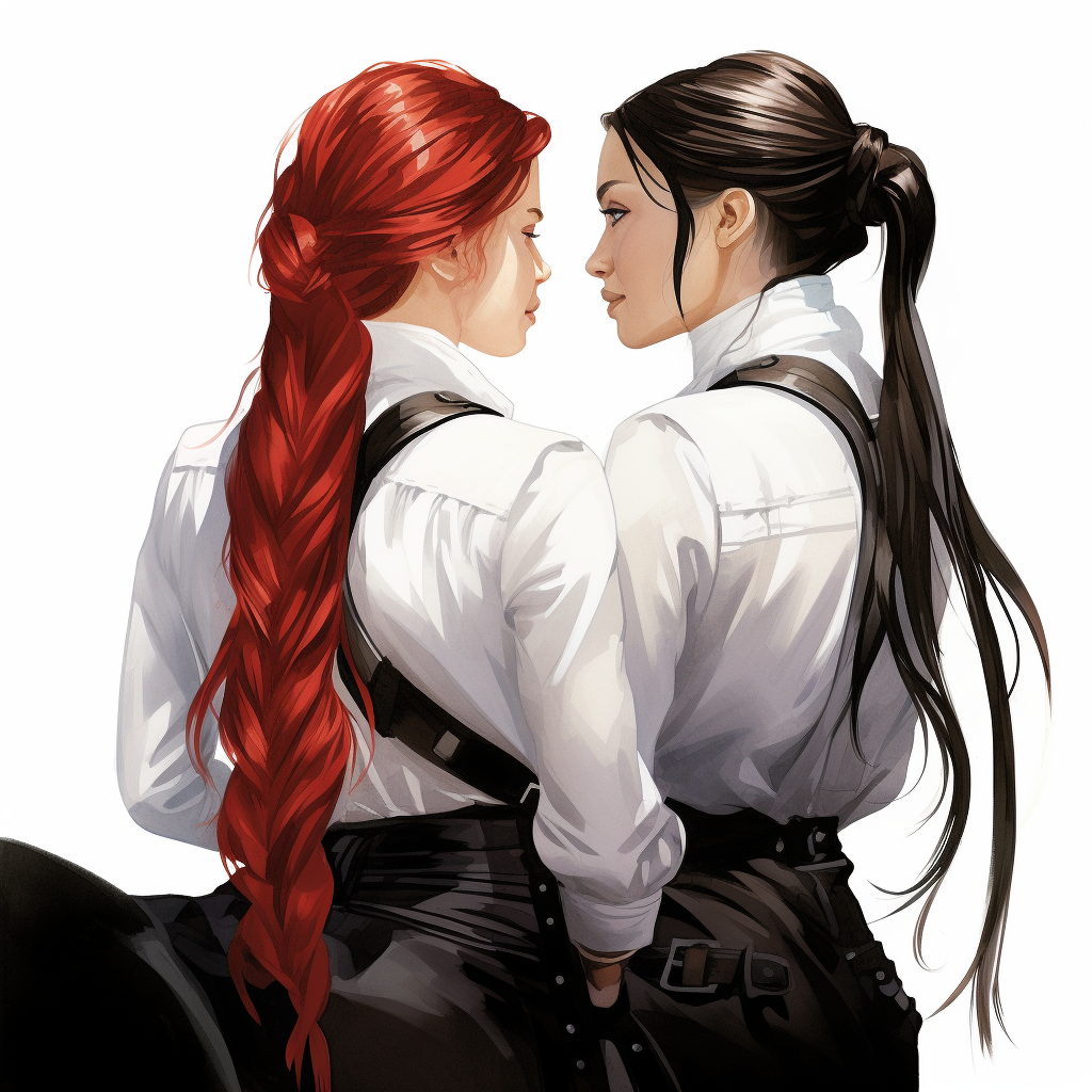 Two Stylish Cowgirls with Long Braid and Red Hair