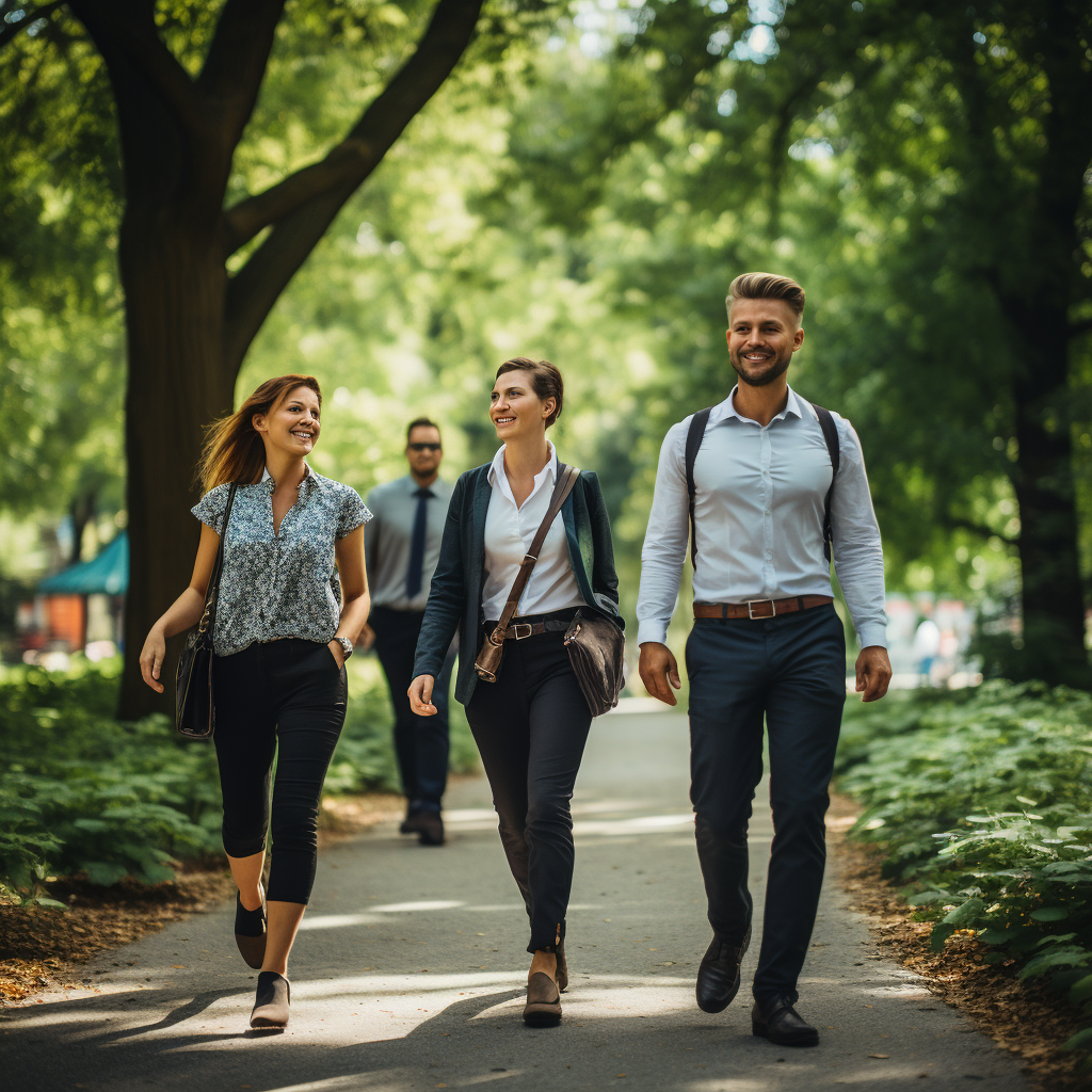 Co-workers walking in park