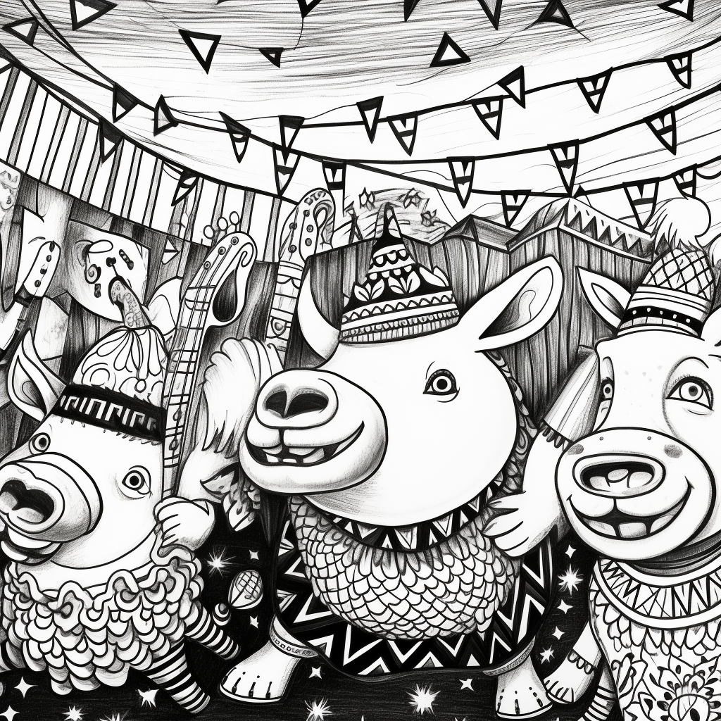 Hand-drawn illustration of dancing farm animals