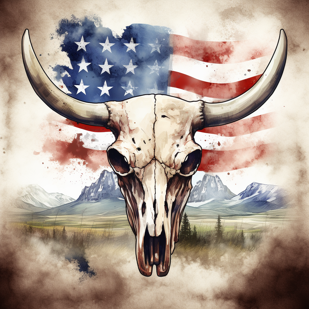 Cowskull with American Flag Background in Aggressive Digital Style