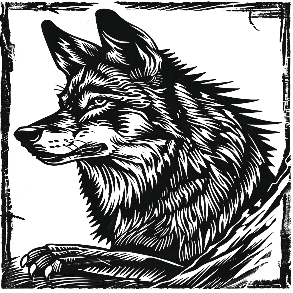 Black woodcut style coyote tattoo