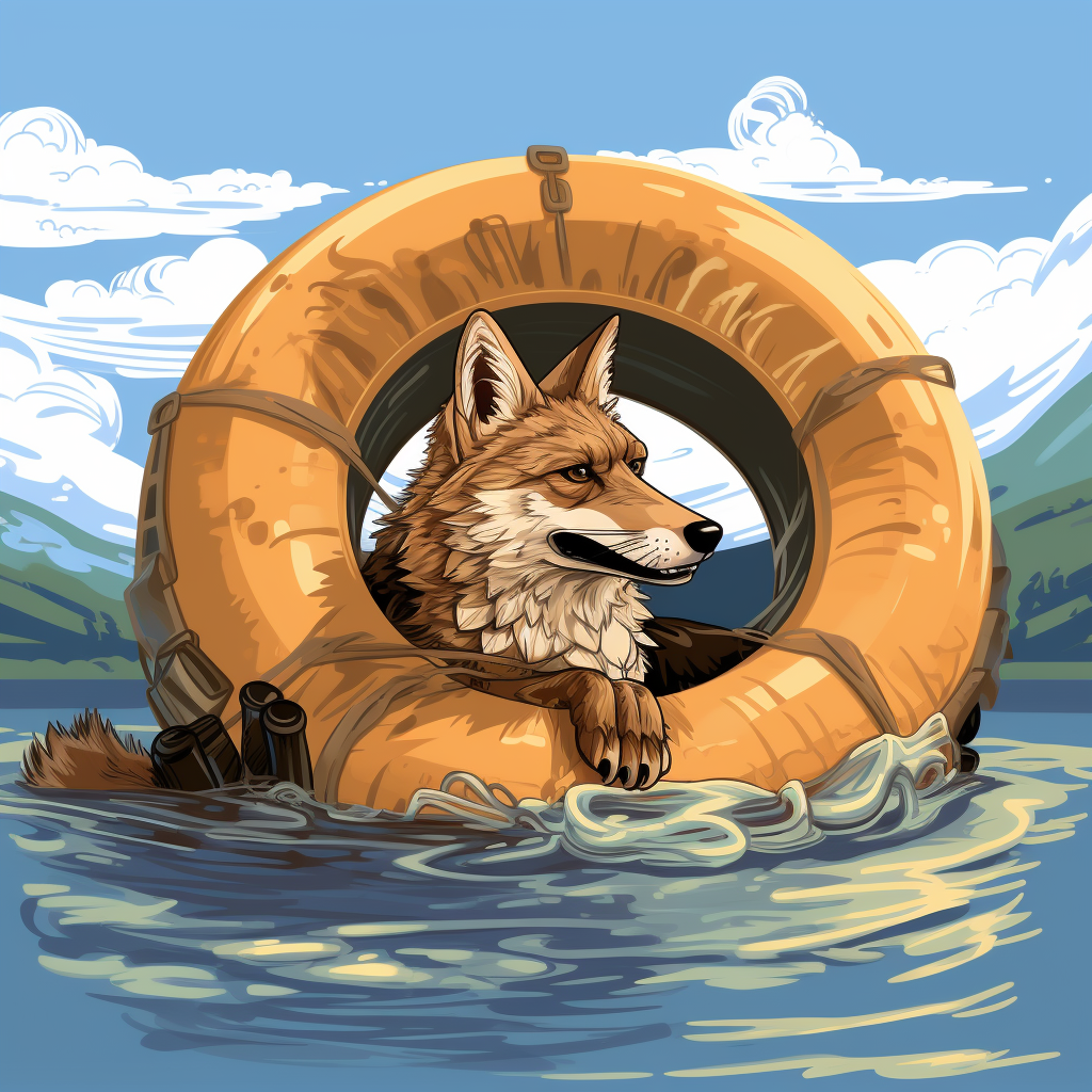 Coyote floating in river inner tube