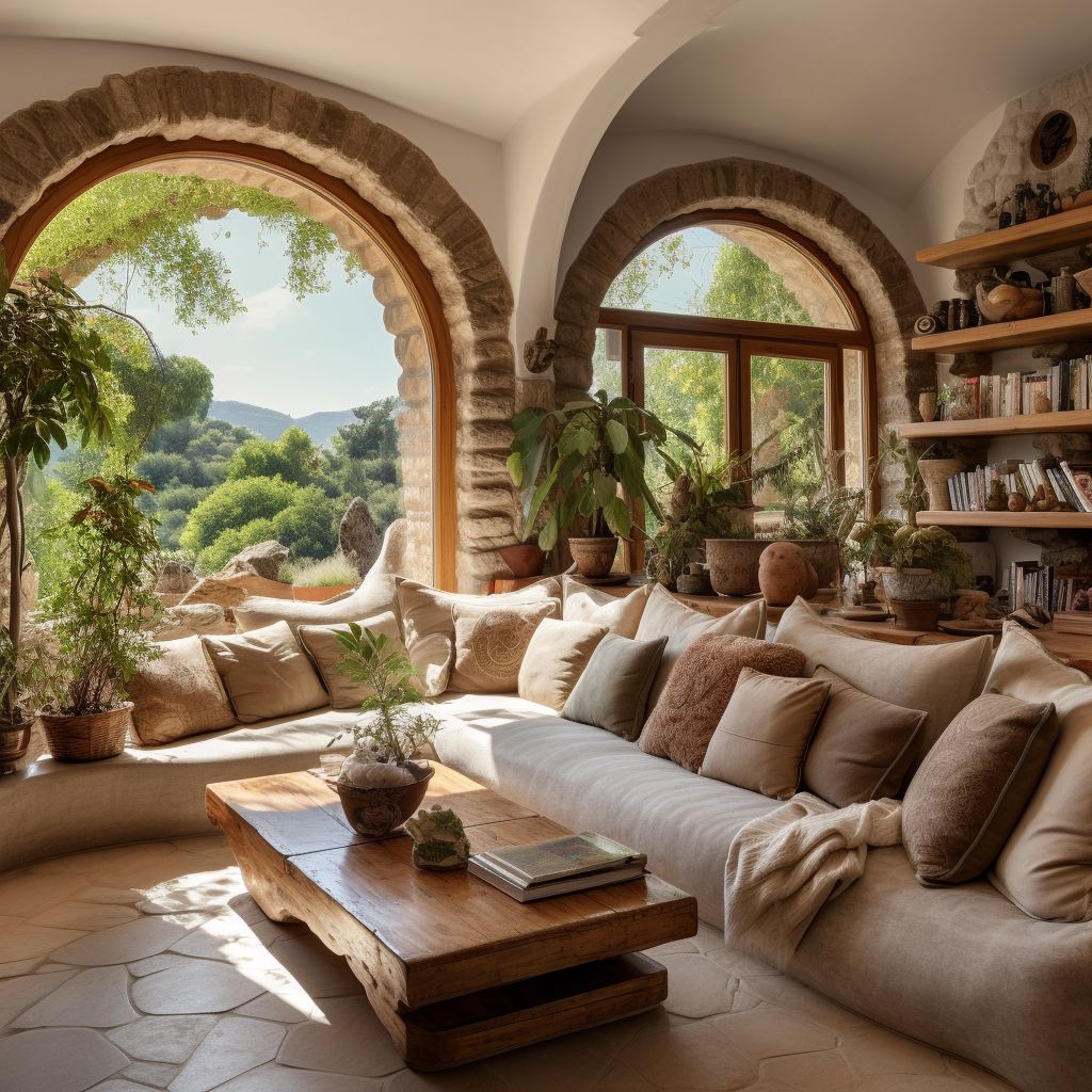 Cozy living room with arched garden view