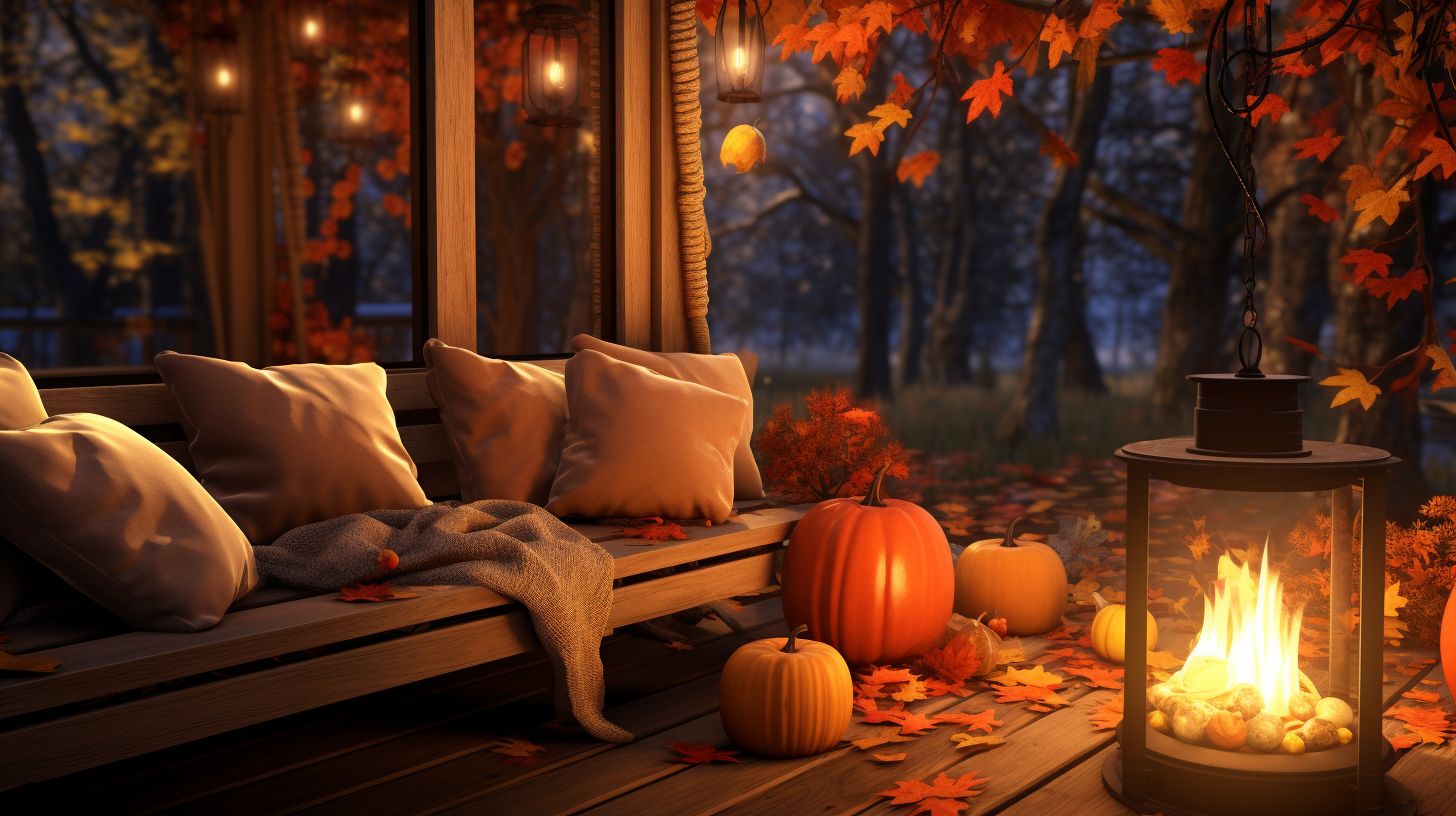 Autumn evening porch with campfire and pumpkins