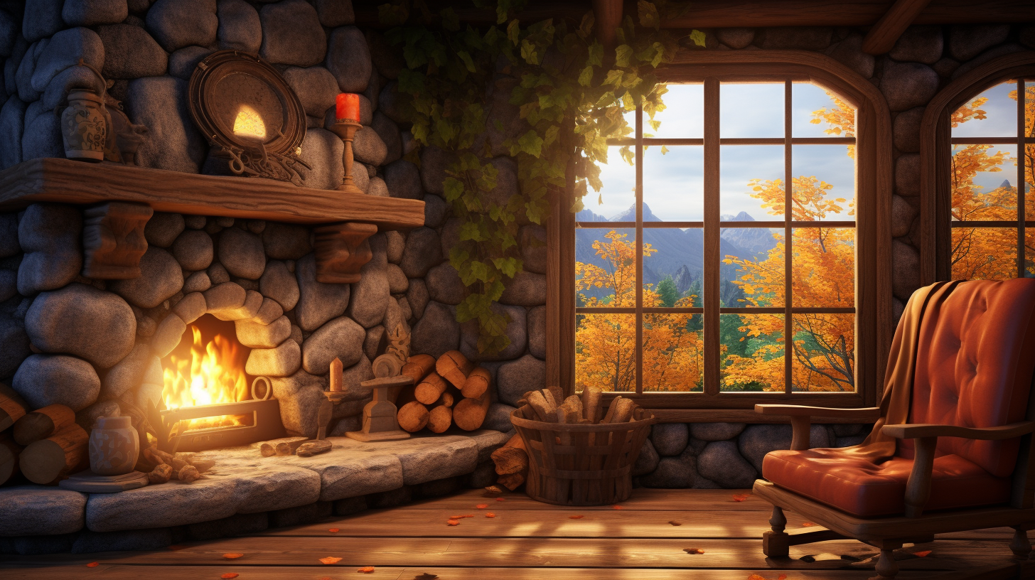 Warm and inviting autumn fireplace inside a treehouse