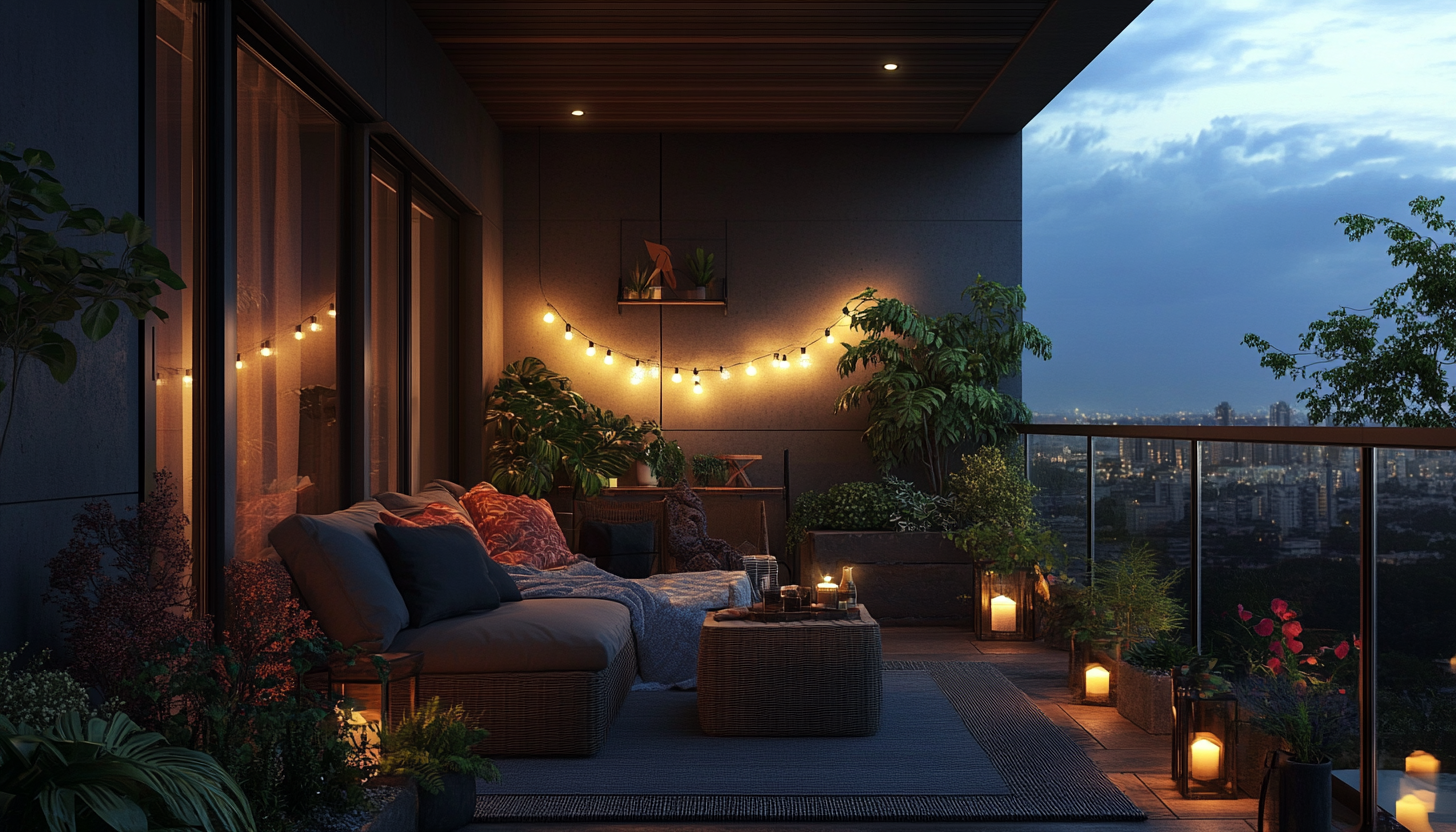 Relaxing Balcony with Plants and String Lights