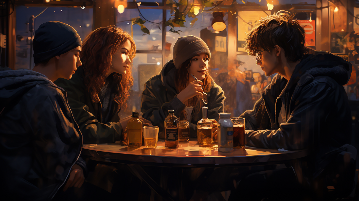 Young people sitting in a cozy bar, chatting and enjoying drinks.