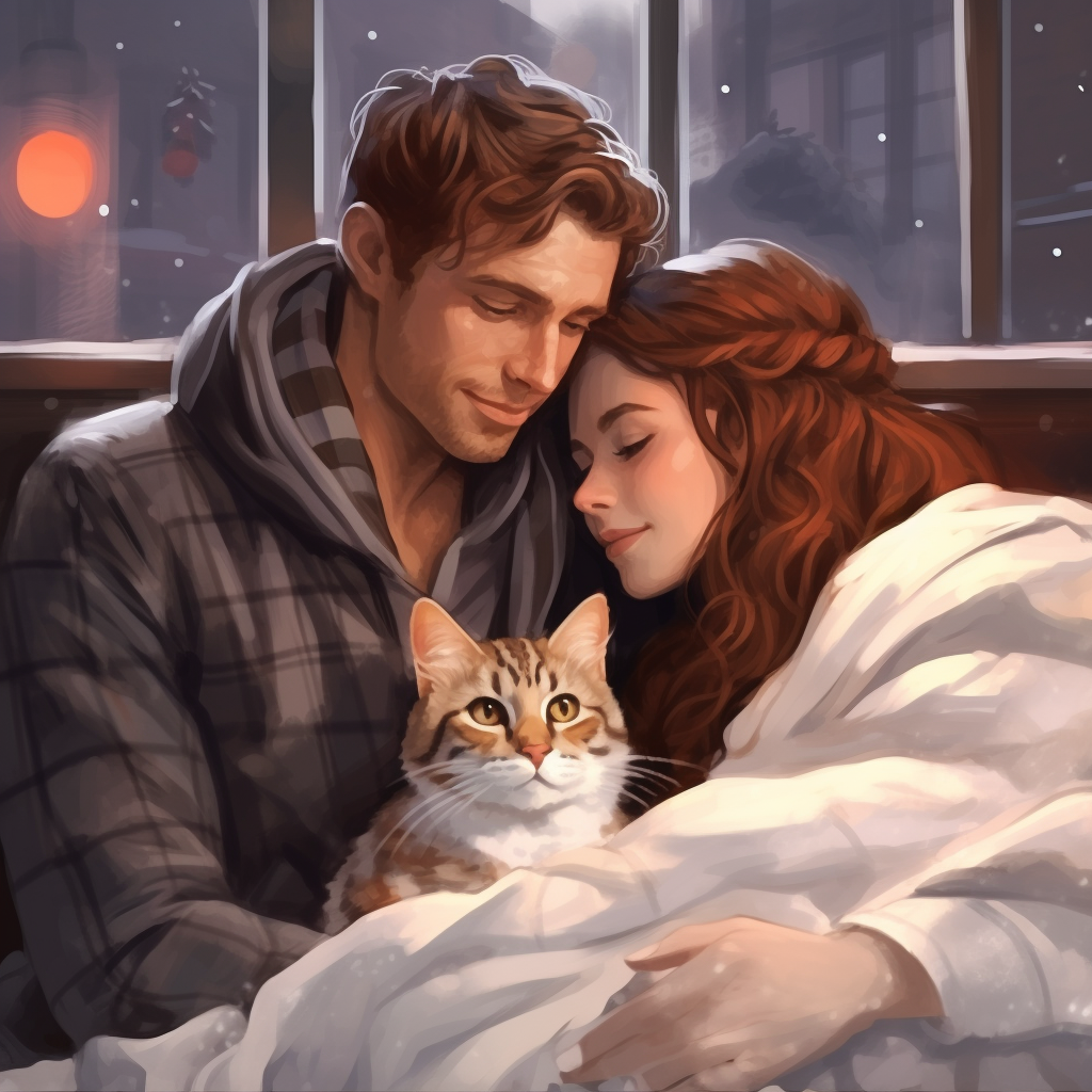 Blonde man, brunette girl, and cat in cozy winter bed