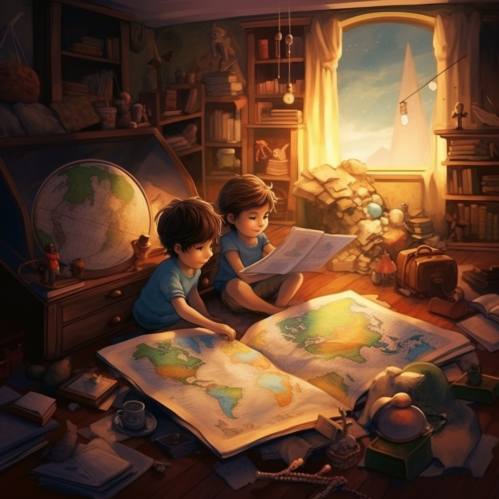 Brother and sister playing with mysterious map