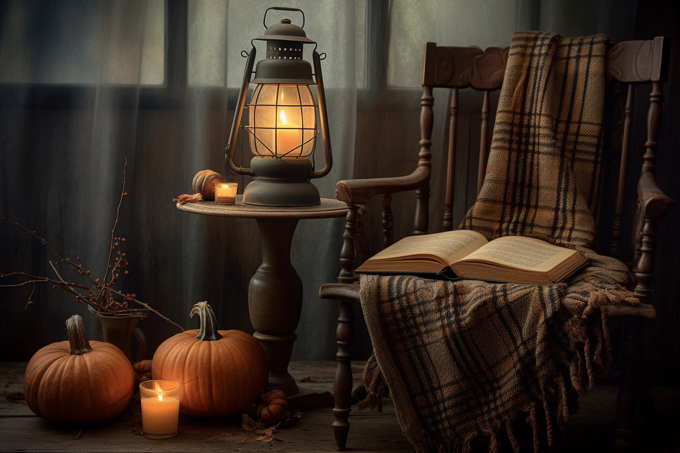 Cozy blanket, book, pen, pumpkins, and lantern