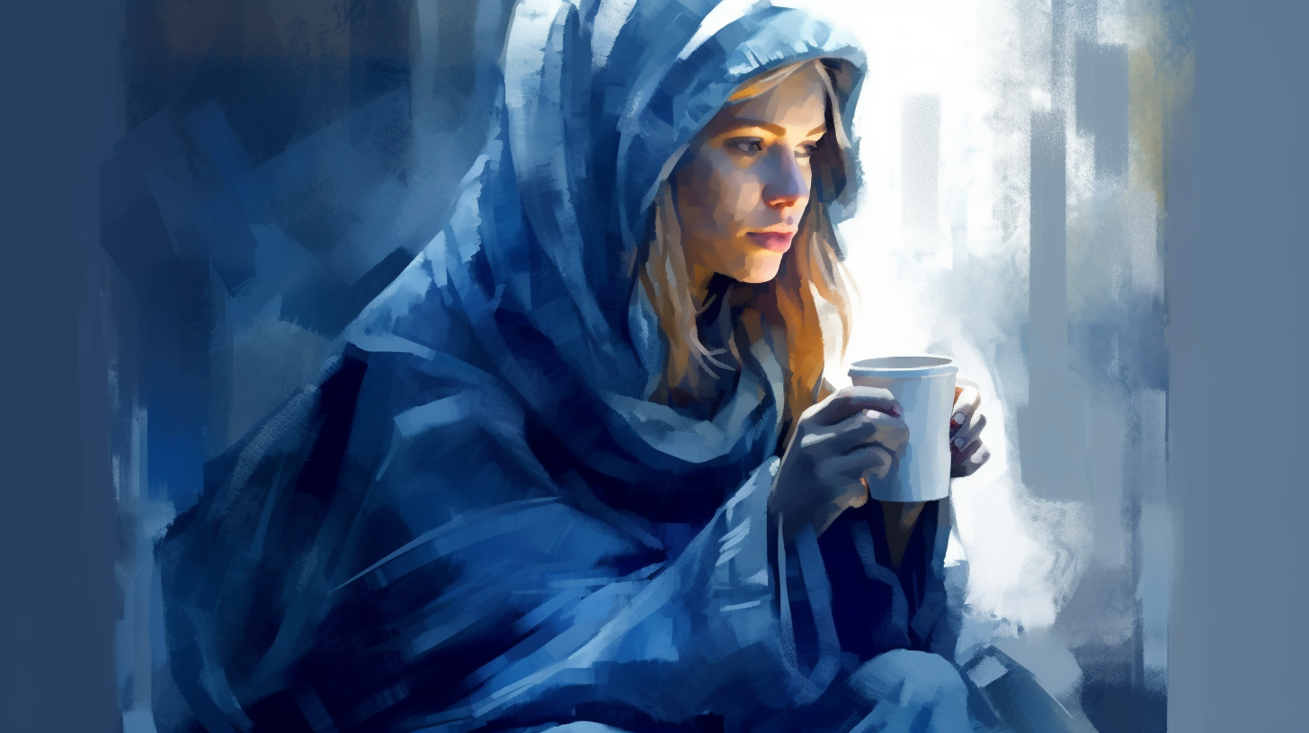 person wrapped in cozy blue scarf sipping warm drink