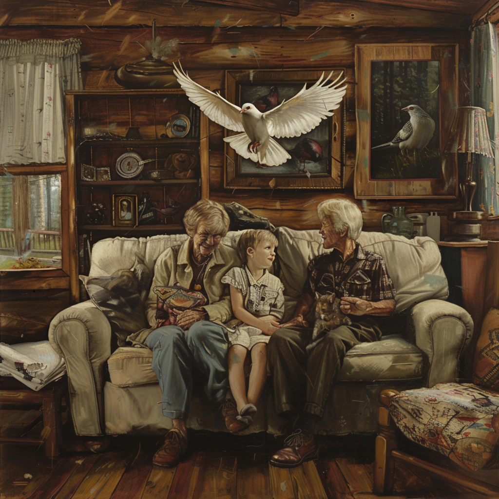 Family scene with dove and cat