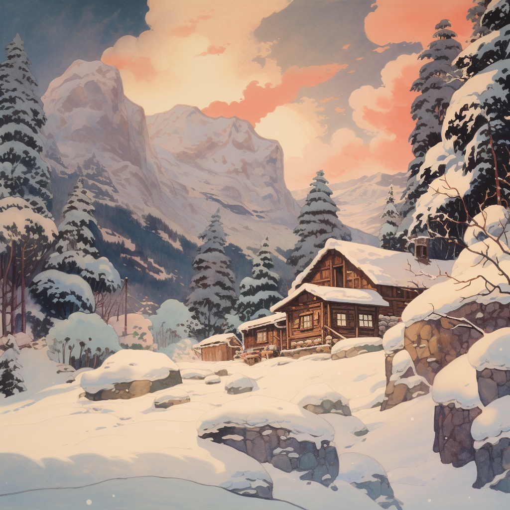 Cozy cabin in serene snow-covered mountains