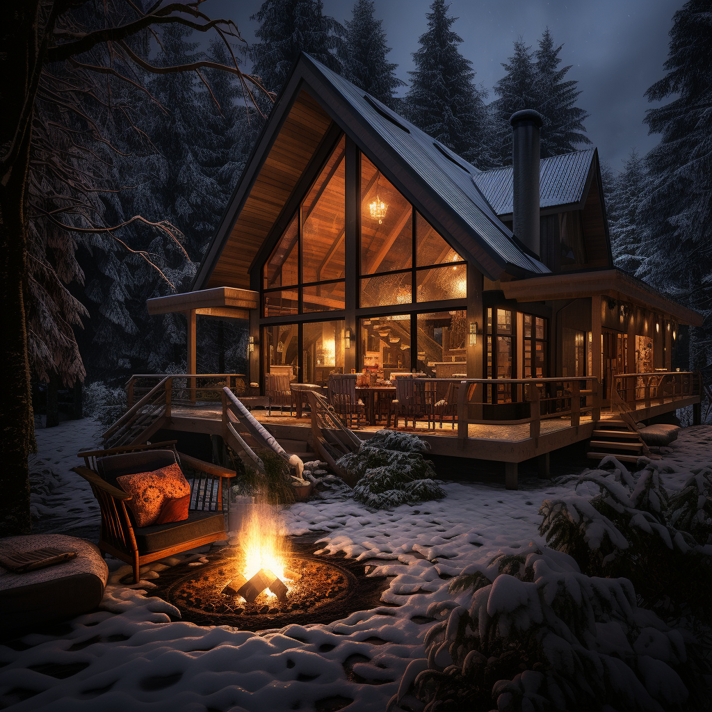 Snowy cabin with fireplace