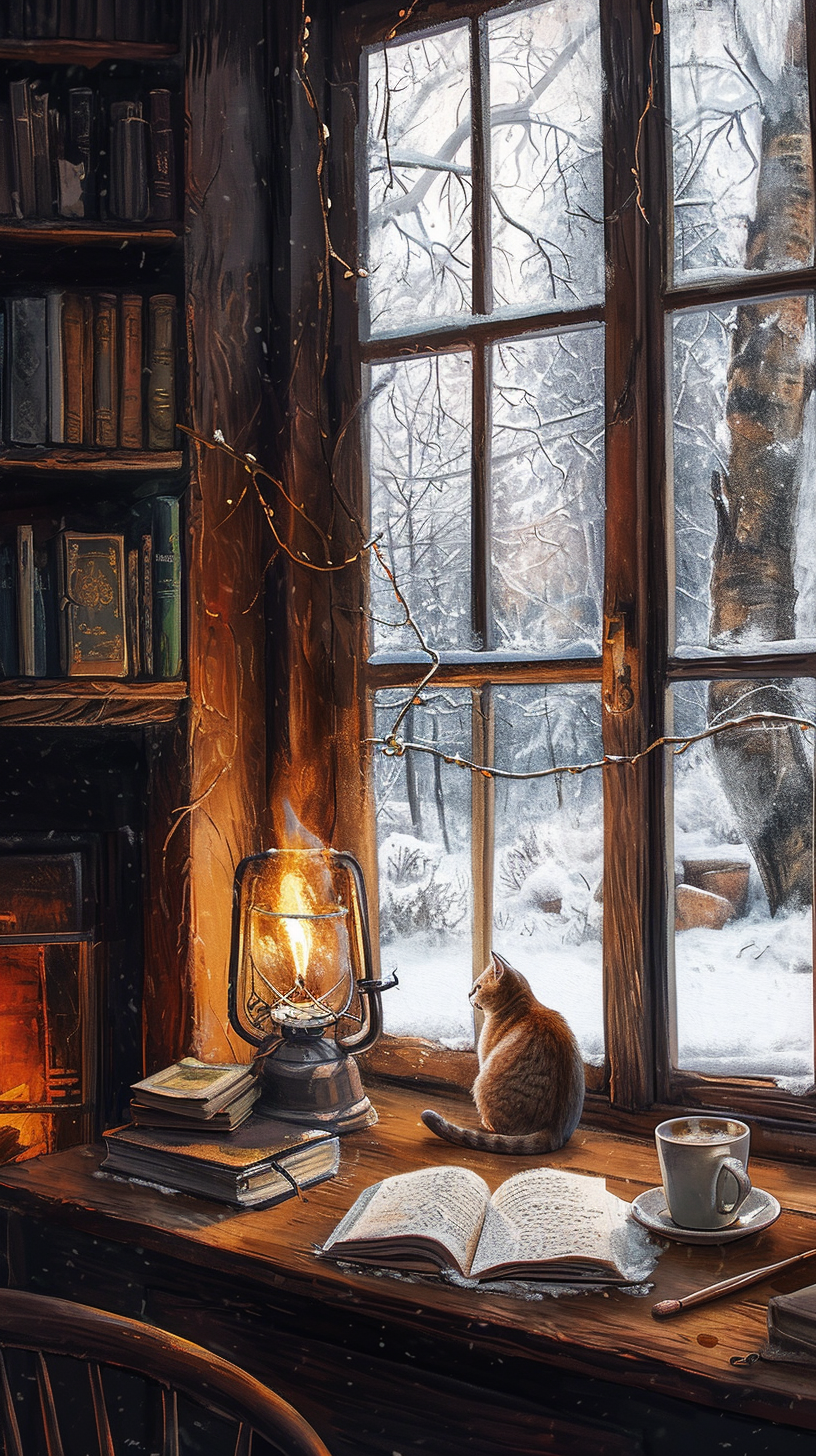 Cozy cafe fireplace winter scenery cat window artwork