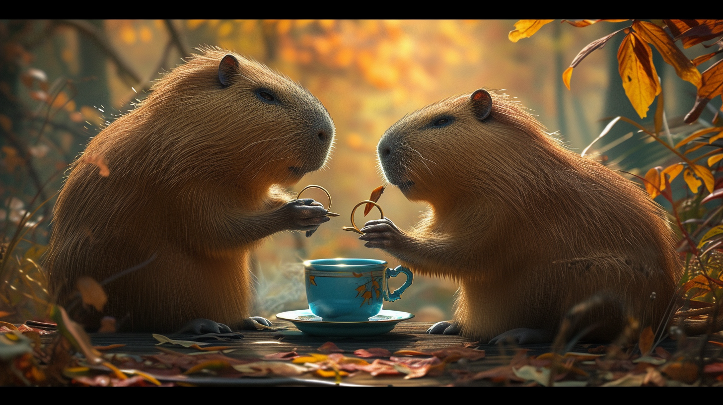 Cute capybaras enjoying tea together