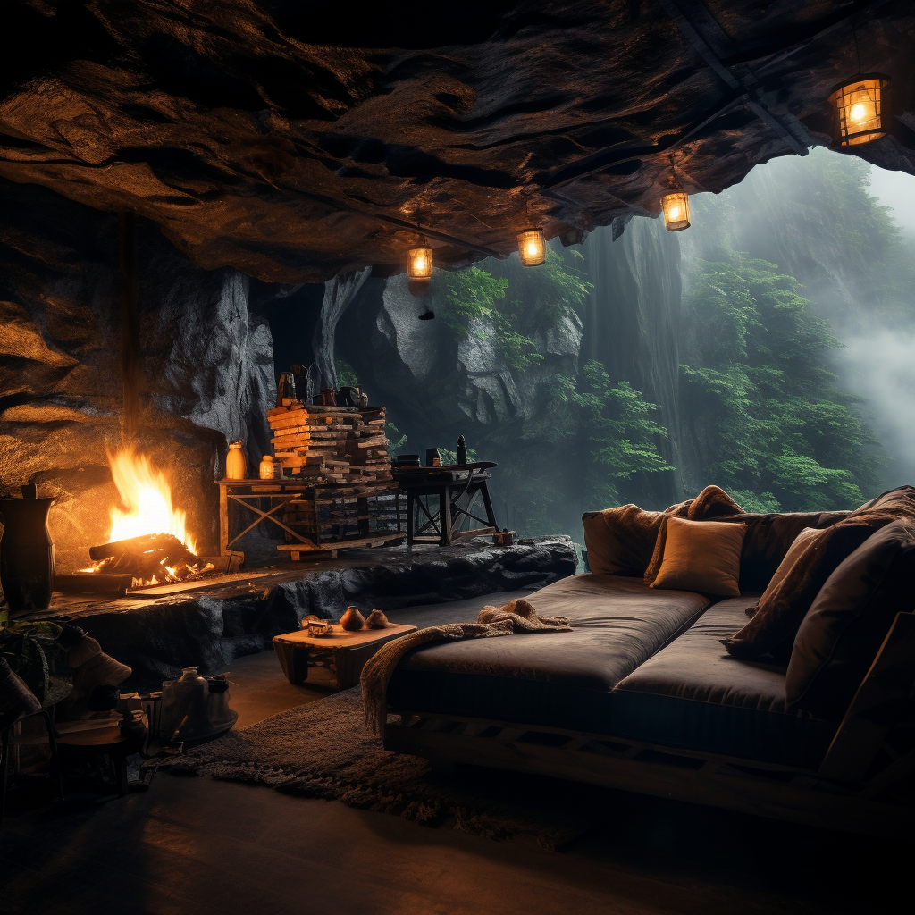 Cozy cave with lit firepit