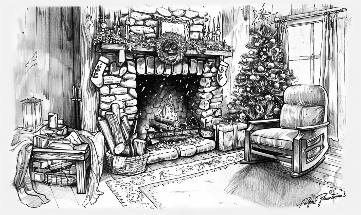 Christmas fireplace sketch in black and white